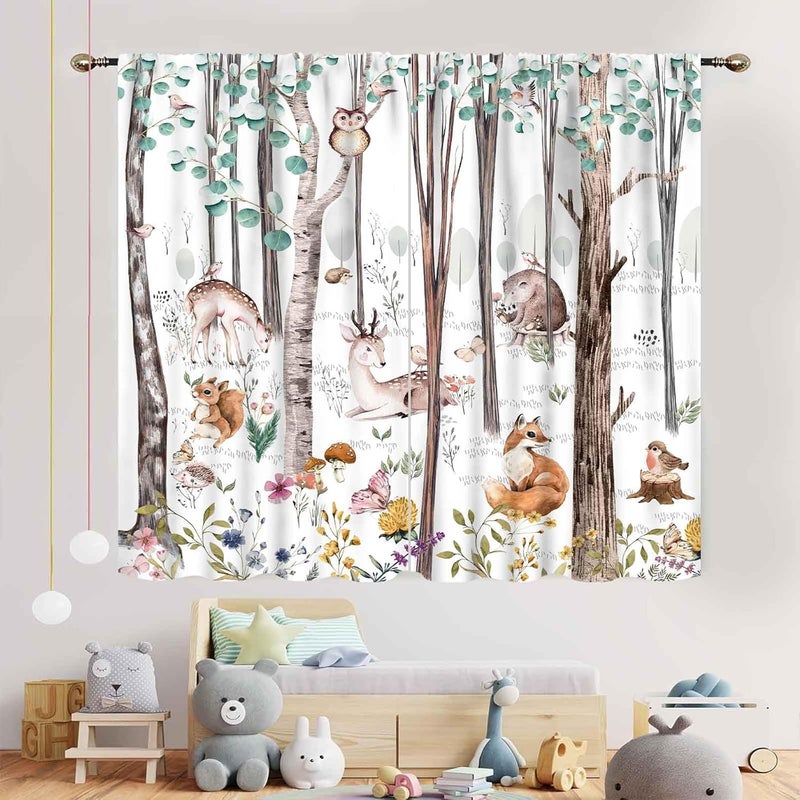 TKUYO Woodland Curtains for Kids Room Nursery, Rustic Woodland Wild Animals Watercolor Forest Bear Deer Fox Country Blackout Window Draeps for Baby Girls Boys Bedroom Living Room 2 Panels Set, 84"x63" Inch - Image 3